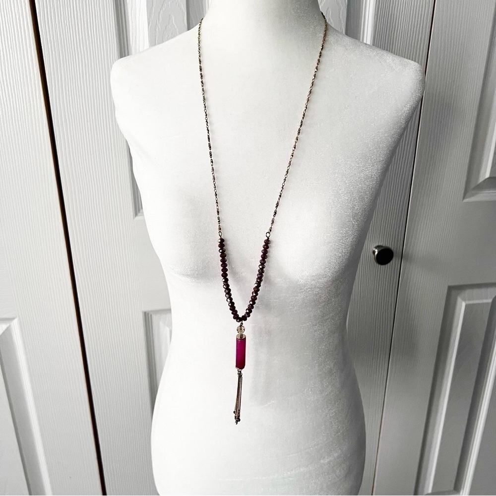 The Limited Pink Beaded Metallic Tassel Fringe Boho Necklace on Gold Tone Chain